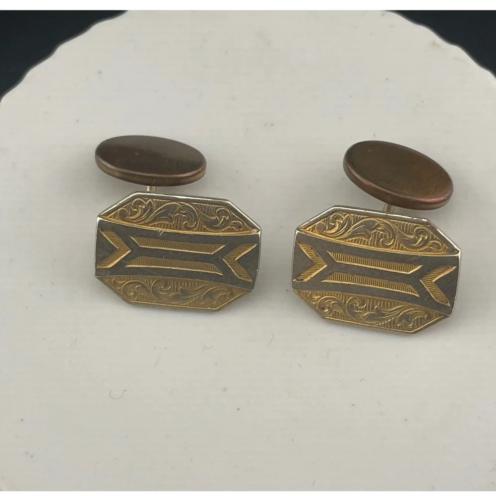 Gold Filled Art Deco Cufflinks Two Tone Etched Engine Turn Geometric Swivel Back